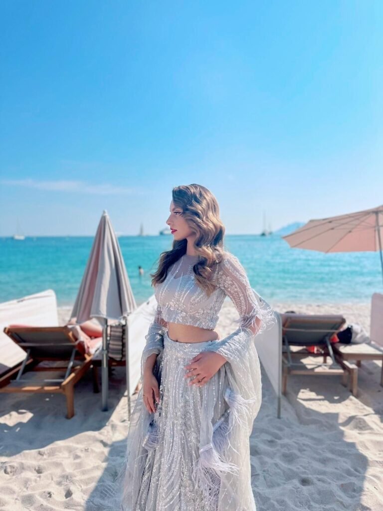 Shannon K Sanu Makes A Style Statment As She Walks For Fashion TV At Cannes 2023 In Silver Zari Work Lehenga!