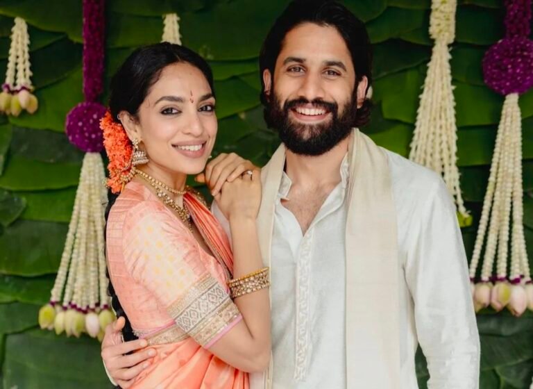 “Naga Chaitanya and Sobhita Dhulipala’s Engagement: Traditional Ceremony Highlights Family Bonds and Elegant Attire”